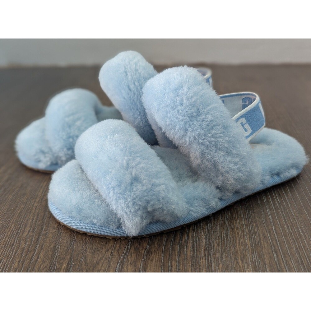 UGG Oh Yeah Slide On Slippers Girls Kids 10 Blue Fluffy Soft Leisure Glam Logo